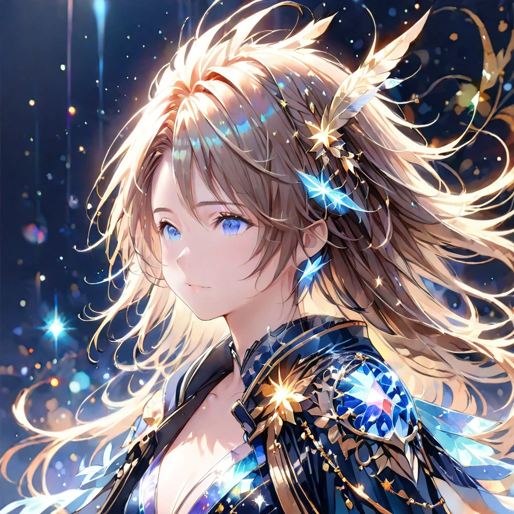 (8K, Highest quality, masterpiece:1.2),(Highest quality:1.0), (Ultra-high resolution:1.0), (((金と銀のツートンカラーの髪)))、watercolor, Beautiful woman, shoulder, Costumes adorned with light refraction、Twinkling of the stars、Diamond Sparkle、Hair Ribbon, Agnes Cecil, Half Body Portrait, Super bright design, pastel colour, (ink:1.3), Autumn Light,