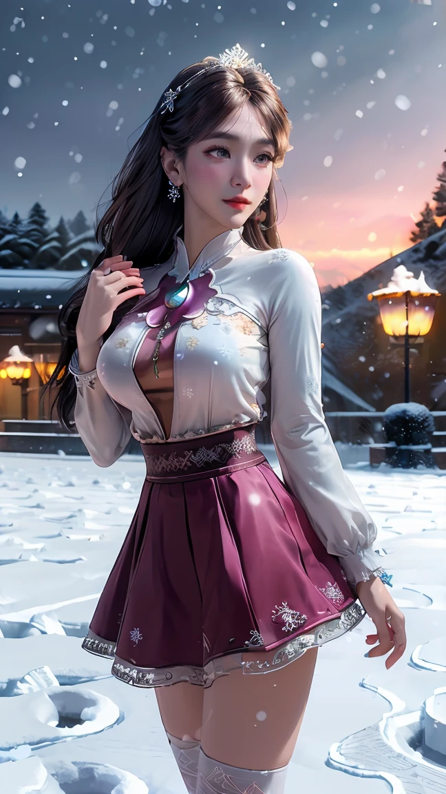 Ultra-realistic 8k CG, flawless, Clean, masterpiece, professional artwork, famous artwork, Cinema lighting, bloom, perfect face, pretty face, fantasy, dreamlike, illusory, Science fiction,   lace, lace trim, lace-trimmed legwear, luxurious, jewelry, diamond, Kaneko, pearl, gem, 蓝gem, 红gem, emerald, intricate details, Exquisite pattern, charming, Tempting, Tempting, disciple, enchanting, hair accessories, necklace, earrings, bracelet, armband,halo,autumn,huge breast,expose breast,expose breast,Expose cleavage，Expose cleavage，See the breasts，Show breasts，
((,1 girl, Throw,best quality, ))  , ((((1 girl, alone,outdoor, big breasts,,snowflakes,  snow, snowing,  plum bossom,  ))))
