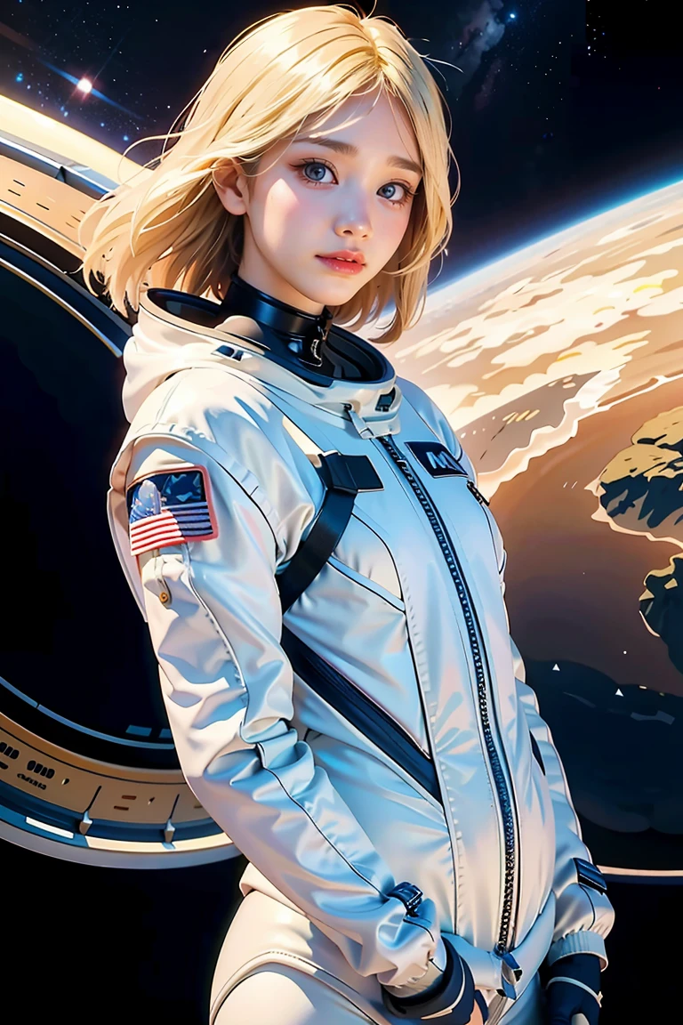 (Meilleure qualité, chef-d&#39;œuvre), 1fille, Pose, particule, Vent, fleur, Haut du corps, fond simple, regarder le spectateur, blond, galaxie, combinaison spatiale, 