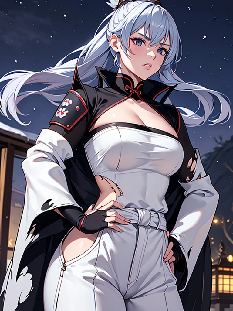 a female samurai, beautiful detailed eyes, beautiful detailed lips, extremely detailed face, long eyelashes,hyper realistic lighting,(super detailed:1.3),((best quality:1.2)),((masterpiece:1.2)),female focus,lonely beauty,(nighttime:1.6),(standing in a medieval europe castletown),cowboy shot,cleavage,((white chest sarashi:1.125)),topknot,muted dark blue hair,(white samurai coat),(black samurai pants:1.3),(angry:1.05),(wearing one sleeve),(torn sleeve:1.4),(katana sword on hip:1.06),(torn clothing:1.125)