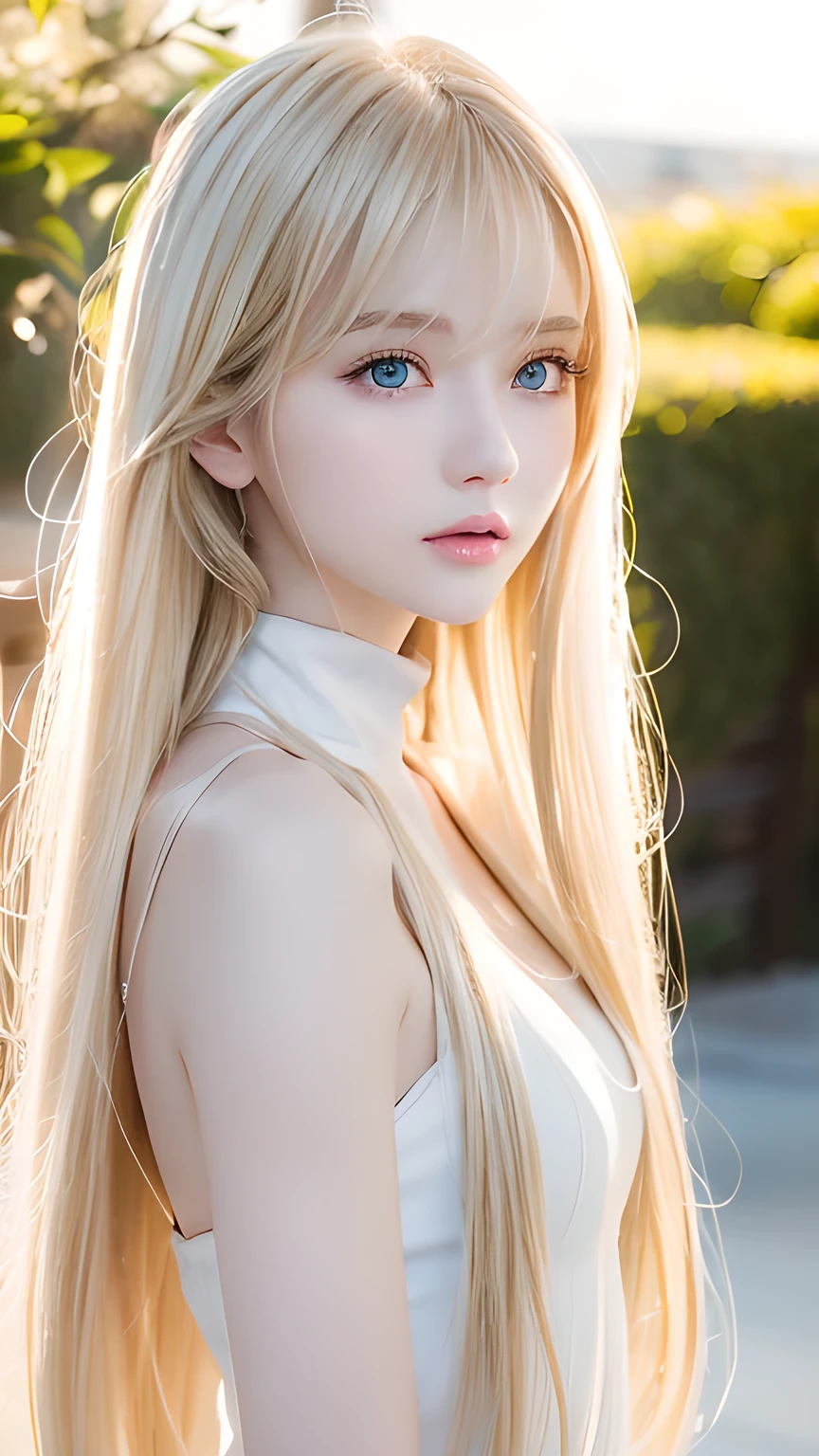 Very beautiful, silky, super long blonde hair、Very cute beautiful sexy beautiful girl、So perfect beautiful cute face、Clear, beautiful, bright, pale sky blue eyes、Snow-white glossy skin、Gloss Face、Cheek gloss、A beautiful girl、Small Face Beauty、Round face、Bangs between the eyes、bangs on the face、