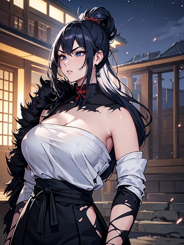 a female samurai, beautiful detailed eyes, beautiful detailed lips, extremely detailed face, long eyelashes,hyper realistic lighting,(super detailed:1.3),((best quality:1.2)),((masterpiece:1.2)),female focus,lonely beauty,(nighttime:1.6),(standing in a medieval europe castletown),cowboy shot,cleavage,((white chest sarashi:1.125)),topknot,muted dark blue hair:1.1,(white samurai coat),(black samurai pants:1.3),(angry:1.05),(wearing one sleeve),(torn sleeve:1.45),(katana sword on hip:1.06),(torn clothing)