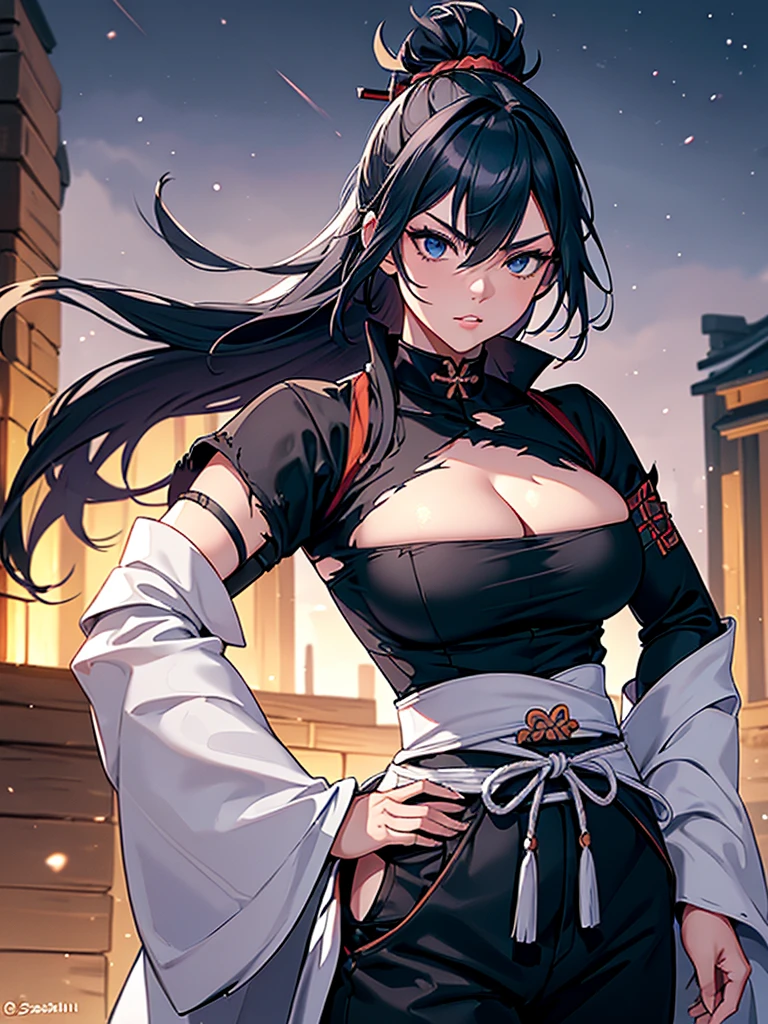 a female samurai, beautiful detailed eyes, beautiful detailed lips, extremely detailed face, long eyelashes,hyper realistic lighting,(super detailed:1.3),((best quality:1.2)),((masterpiece:1.2)),female focus,lonely beauty,(nighttime:1.6),(standing in a medieval europe castletown),cowboy shot,cleavage,((white chest sarashi:1.125)),topknot,muted dark blue hair:1.1,(white samurai coat),(black samurai pants:1.3),(angry:1.05),(wearing one sleeve),(torn sleeve:1.45),(katana sword on hip:1.06),(torn clothing)