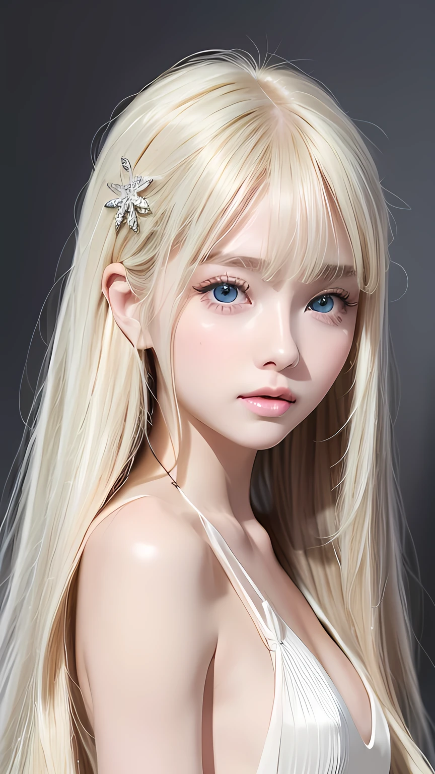 Very beautiful, silky, super long blonde hair、Very cute beautiful sexy beautiful girl、So perfect beautiful cute face、Clear, beautiful, bright, pale sky blue eyes、Snow-white glossy skin、Gloss Face、Cheek gloss、A beautiful girl、Small Face Beauty、Round face、Bangs between the eyes、bangs on the face、