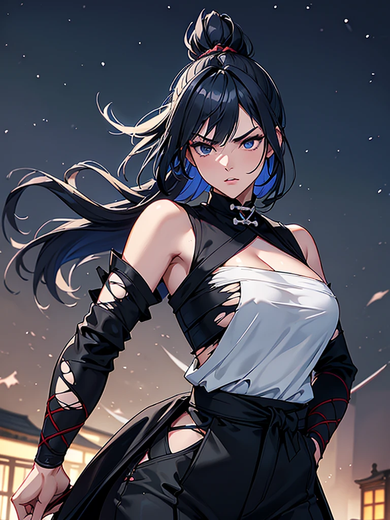 a female samurai, beautiful detailed eyes, beautiful detailed lips, extremely detailed face, long eyelashes,hyper realistic lighting,(super detailed:1.3),((best quality:1.2)),((masterpiece:1.2)),female focus,lonely beauty,(nighttime:1.6),(standing in a medieval europe castletown),cowboy shot,cleavage,((white chest sarashi:1.125)),topknot,muted dark blue hair:1.1,(white samurai coat),(black samurai pants:1.3),(angry:1.05),(wearing one sleeve),(torn sleeve:1.45),(katana sword on hip:1.06),(torn clothing)