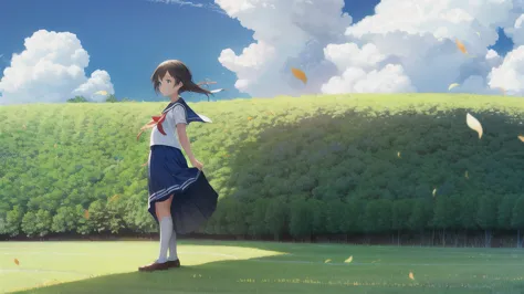 (masterpiece),  town,  blue sky,  one girl,  smile,  alone,  sailor suit、long skirt,  overgrown,  petal,  plant、skirt lining、tra...