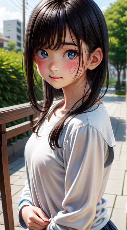 High resolution, Highest quality,  super high quality, Very detailed, 8K、Embarrassing、Sweaty、Sweat、Embarrassing、(masterpiece:1.2, Highest quality), (Realistic, photoRealistic:1.4), Beautiful illustrations, (Natural Side Lighting, Cinema Lighting), View your audience, whole body, 1 Girl, Japanese, high school girl, Perfect Face, Cute and symmetrical face, Shiny skin, Baby Face, (,Black Hair)black eye, Big eyes, Droopy eyes, (Center of chest, Captivating thighs, Big Ass)