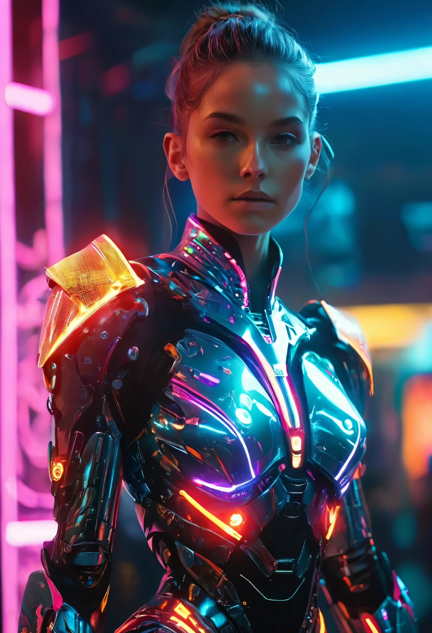 eine wunderschöne, detaillierte androgyne Cyborg-Tänzerin, aufwendiges futuristisches Kostüm, dramatische pose, leuchtende Neonlichter, filmische Beleuchtung, sehr detailliert, 8k, fotorealistisch, preisgekrönte digitale Kunst
