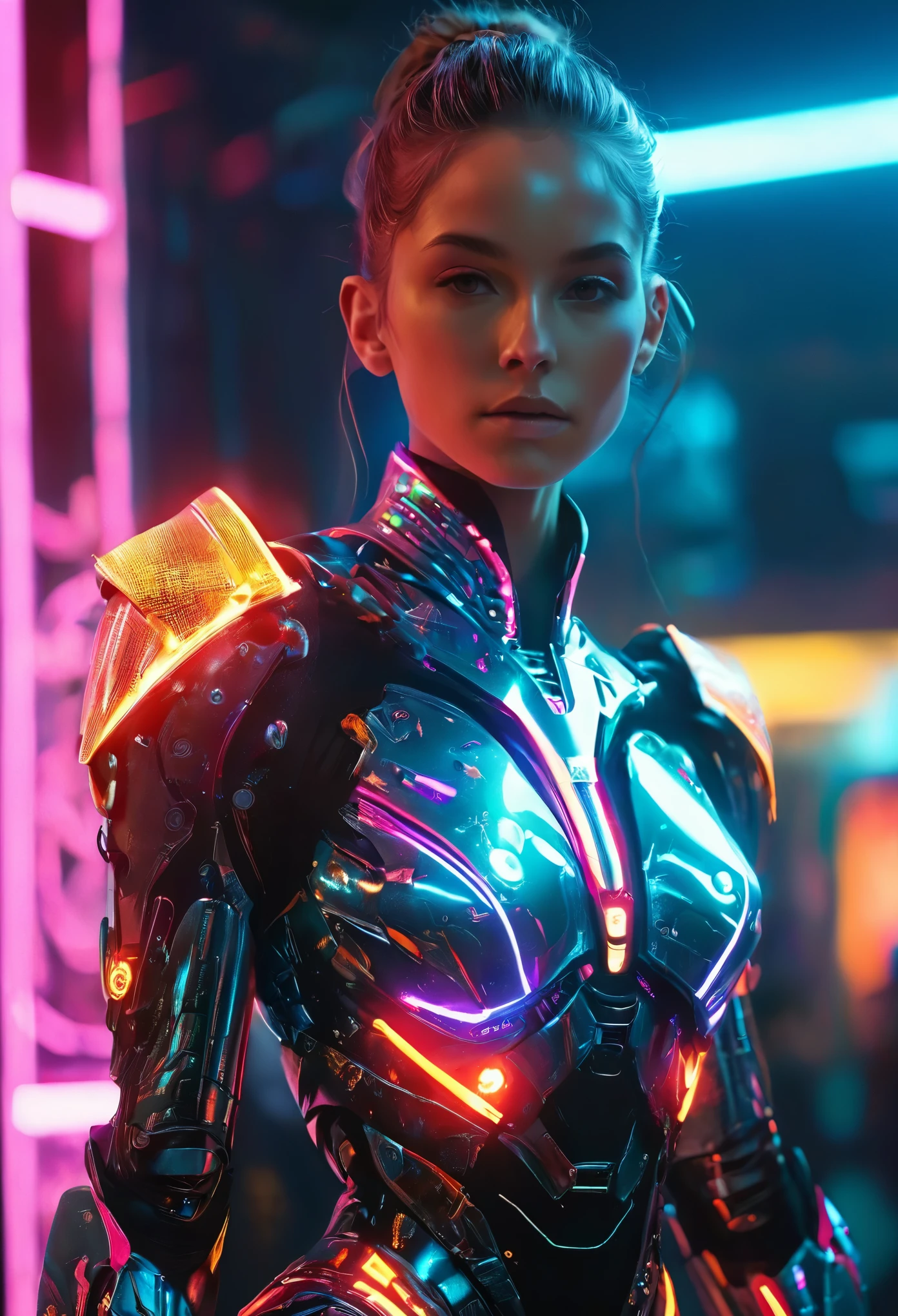 uma linda e detalhada dançarina ciborgue andrógina, traje futurista intrincado, pose dramática, luzes de néon brilhantes, iluminação cinematográfica, Altamente detalhado, 8K, fotorrealista, arte digital premiada