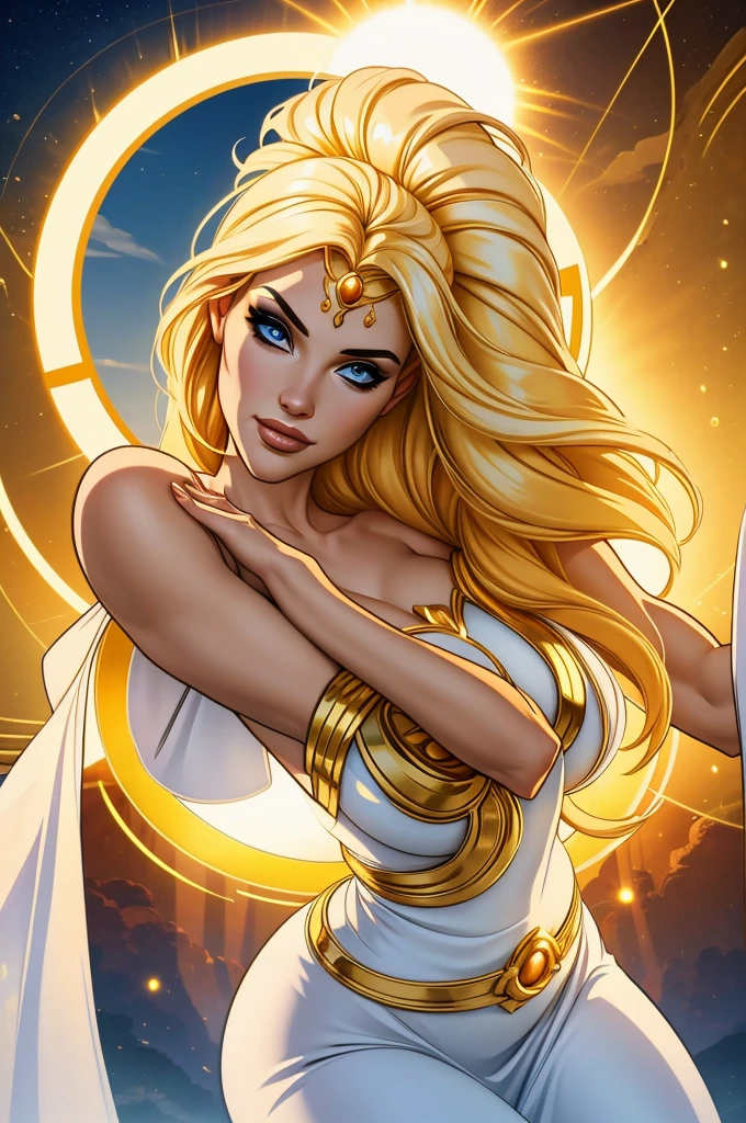 Hemera is the goddess of day and daylight. She is often depicted as a young, radiant woman, with a beauty that symbolizes the light of day. Her hair is long and blonde, shining like the sun. Your eyes are blue or gold, reflecting the light of day. Hemera has clear and luminous skin, symbolizing the brightness of the day. She has a slender and graceful figure, often depicted in white or gold robes that appear to be made of light, radiating brightness and heat wherever it goes.