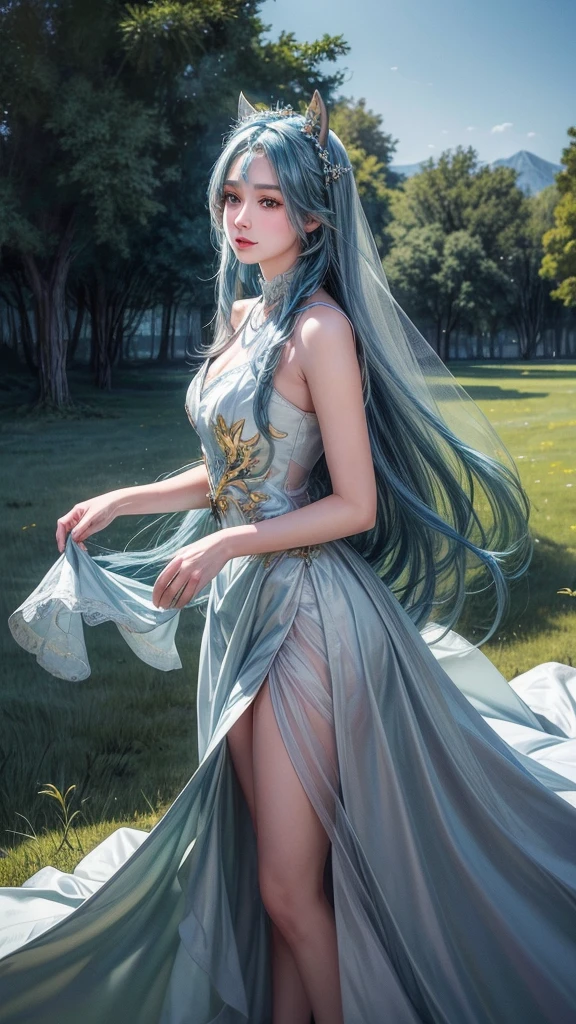 ((masterpiece, best quality)),(illustration),(detailedLight),((Extremely exquisite and beautiful)),1 Girl,Godolphin Arabian Horse,long hair,blue hair,Green Eyes,Horse Ears,Horse girl,hair_Decorations,White Dress, Bare shoulders, ,sleeveless,evening dress,Long skirt,outdoor, Light,Blue sky, horizon, grassland, wilderness