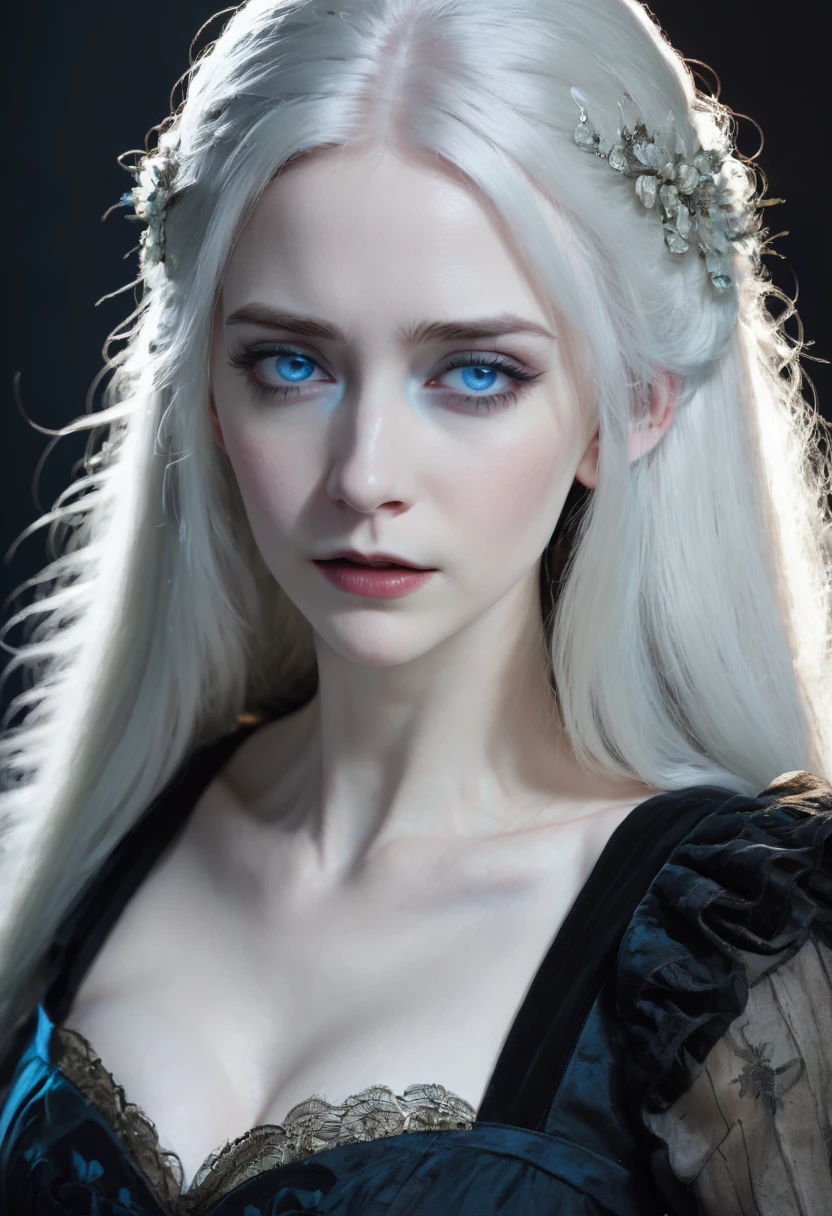 A woman with long white hair and blue eyes ,pale skin,expression of sadness ,black victorian dress  ,open neckline,long breasts,in a dark horror environment