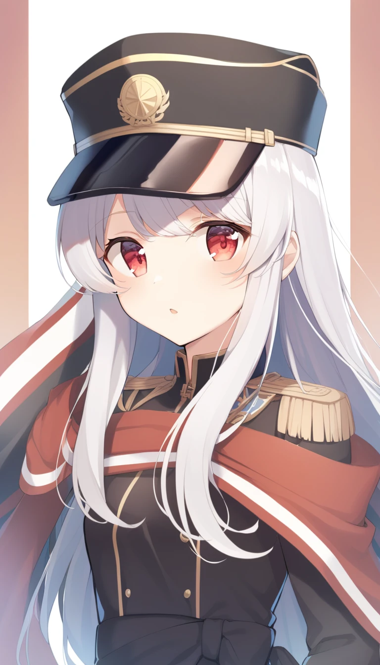 1 Girl, Head up and cross waist, Long hair,, Silver hair, , Red eyes, front, , Military cap, shawl, Handsome, portrait