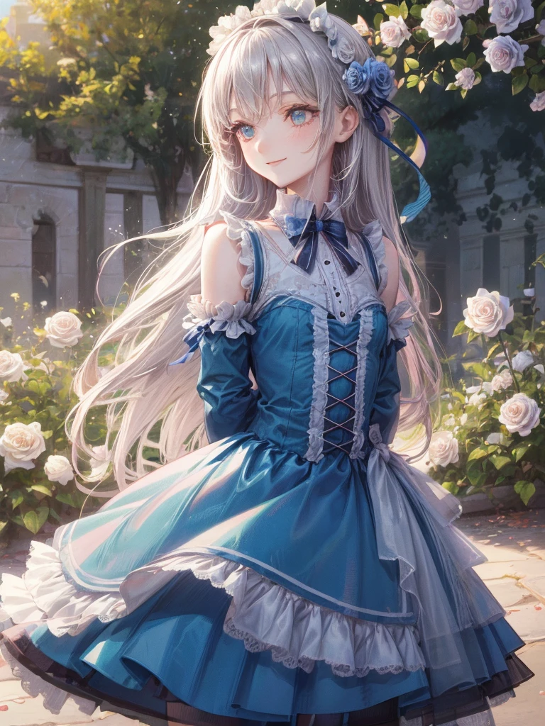 art by Cornflower,(masterpiece),(highly detailed CG,ultra-detailliert,Best Shadow:1.3),(Perfect Anatomy),(beautiful and luxurious:1.2),1 girl,((arms behind back)),(alice in the wonderland),blue ribbon on head,blue clothes,Beautiful and extra detailed face,flat colors,limited pallete,low contrast,the best lighting,lite smile,Standing in a park full of white roses,cowboy shot