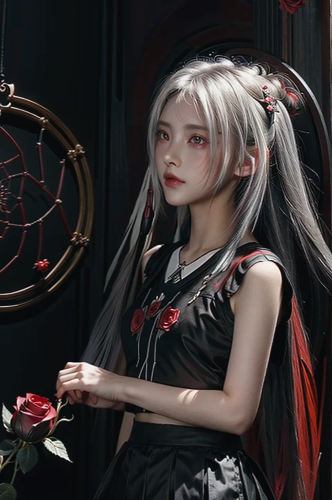 (best quality, masterpiece), (1 Girl, Solitary, Black skirt, permanent , Looking at the audience, White hair, Red Eyes, Holding a rose, Shut up, Upper Body), (There is a red dream catcher behind, safflower, )