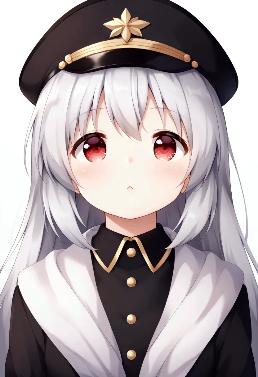 1 Girl, Look up, Akimbo, Long hair, Silver hair, Red eyes, front, Black military cap, shawl, Handsome, portrait