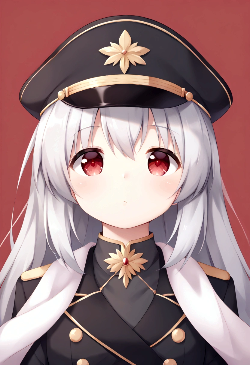 1 Girl, Look up, Akimbo, Long hair, Silver hair, Red eyes, front, Black military cap, shawl, Handsome, portrait