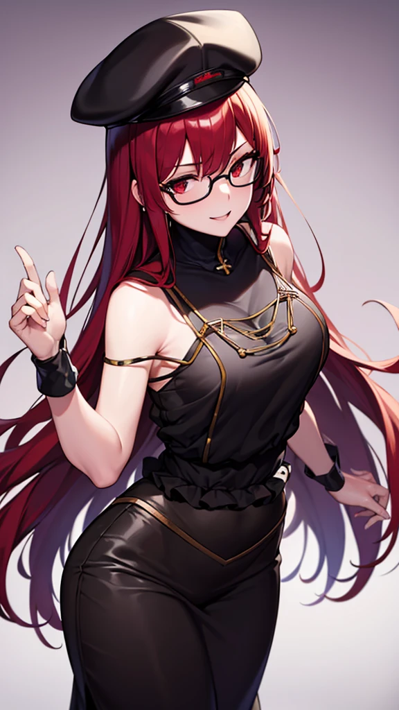 (Masterpiece), (best quality), 20 year old girl, long red hair, red eyes, solid round eyes, smile softly, shadow, 8K, Awesome details, precise, best quality, UHD, textured skin, Black glasses, sexy sleeveless black evening dress, (Wears a black commander hat with a cross on it.) Wristband