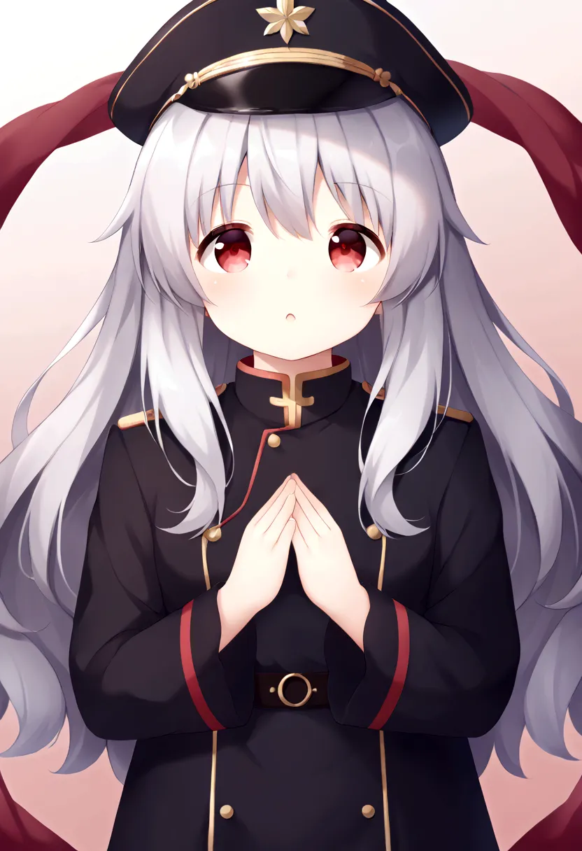 1 Girl, Look up, Akimbo, Long hair,Fluffy hair, Silver hair, Red eyes, front, Black military cap, shawl, Handsome,