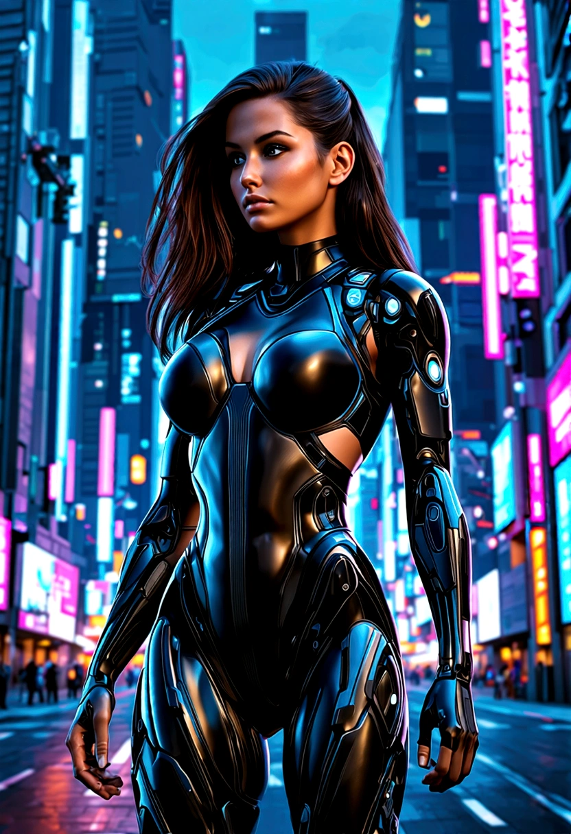 A stoic beauty stands tall, her athletic physique and luscious locks commanding attention. In a futuristic cyberpunk metropolis, she gazes out upon the cityscape, her large breasts subtly accentuated by a sleek, high-tech jumpsuit. Neon lights reflect off her determined expression, as if she's absorbing every detail of this photorealistic, award-winning city life. The camera frames her full-body pose, capturing the juxtaposition of human form and technological grandeur.  