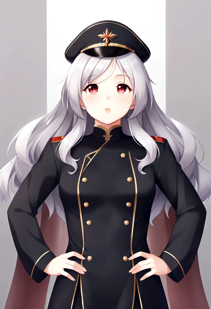 Black military cap, shawl, 1 Girl, Look up, Hands on hips, Long hair,Fluffy hair, Silver hair, Red eyes, front, , Handsome, masterpiece, Lips up, 骄傲的masterpiece