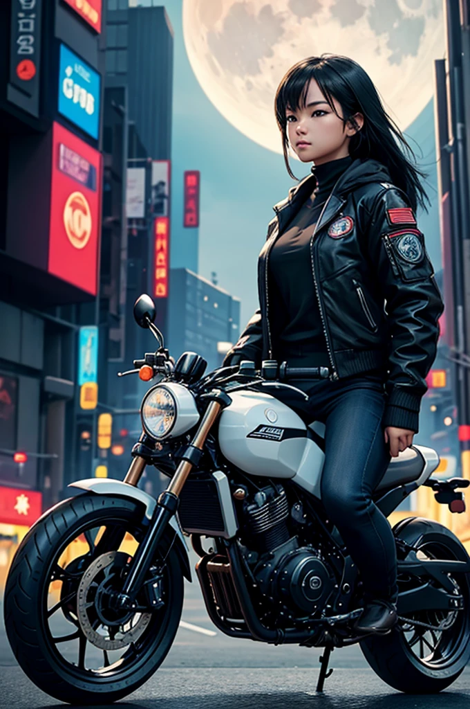 best quality, masterpiece, photo, 4K, photorealistic, highly detailed,
1girl riding motobike, techwear, cyberpunk city, solo, futuristic, huge moon in the background, black and white, by Akira Toriyama, closeup,
