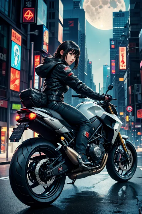 best quality, masterpiece, photo, 4K, photorealistic, highly detailed,
1girl riding motobike, techwear, cyberpunk city, solo, fu...