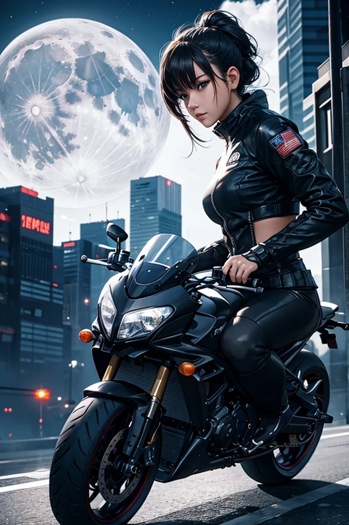 best quality, masterpiece, photo, 4K, photorealistic, highly detailed,
1girl riding motobike, techwear, cyberpunk city, solo, futuristic, huge moon in the background, black and white, by Akira Toriyama, closeup,
