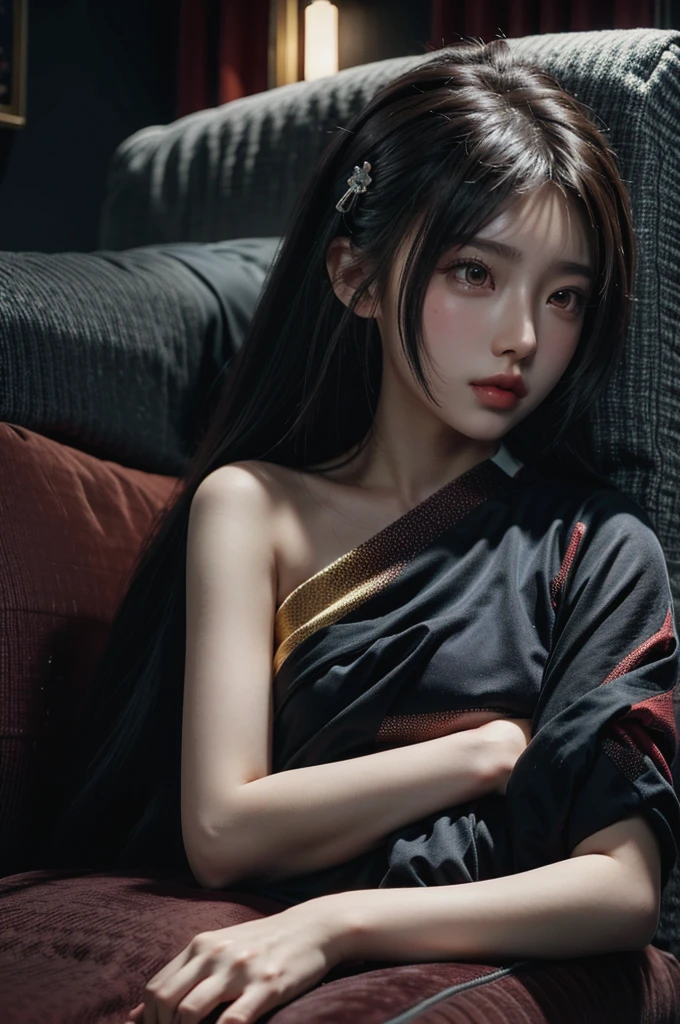 A girl, Lying on the sofa, Looks really interesting, Chinese animation style, Looks depressing, high quality, Extremely detailed, Crazy details, 4K