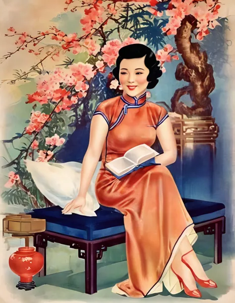 1930s chinese old poster style,1 chinese woman,cheongsam,lying on a luxurious bed reading a book