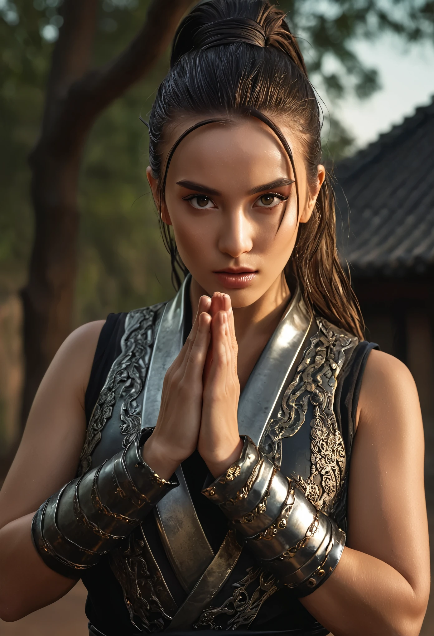 (best quality, 4k, 8k, highres, masterpiece:1.2), ultra-detailed, (realistic, photo realistic,photo-realistic:1.37),a beautiful female ninja making a hand sign, intricate detailed face, piercing eyes, detailed lips, flowing hair, graceful pose, dynamic action, dark mysterious background, cinematic lighting, dramatic shadows, digital art, concept art, Her hands are clasped together in a hand gesture, (a metal plate on her forehead:1.4)