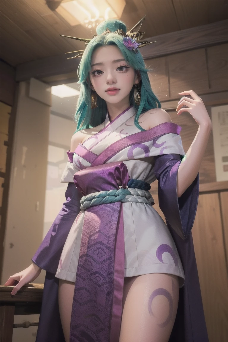 (masterpiece, best quality:1.2) from below intricate details, spirit blossom soraka, 1girl, purple skin, colored skin, single horn, kimono, hair ornament, bare shoulders, smile