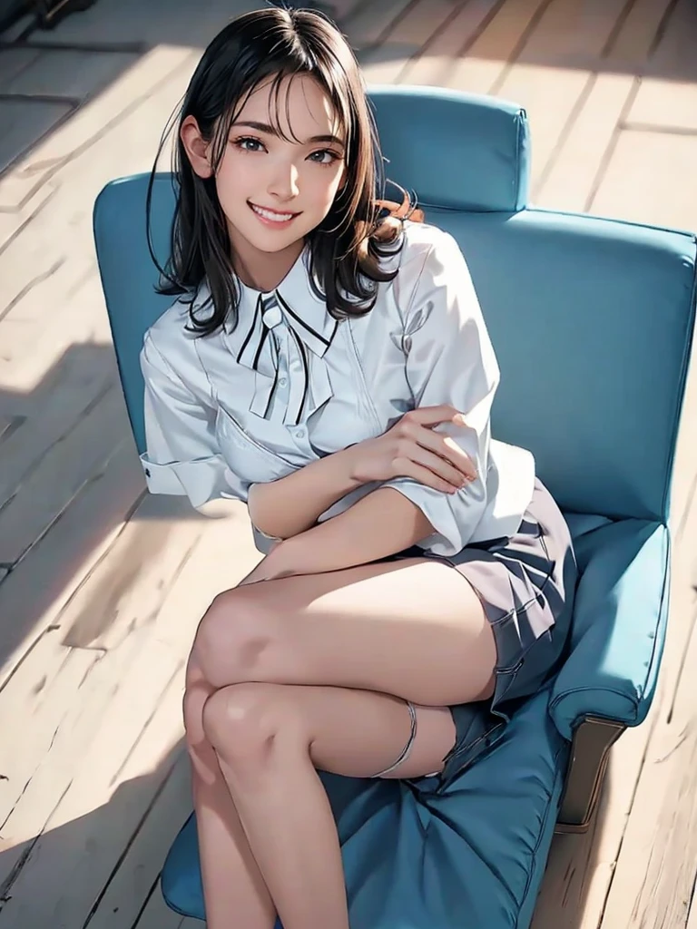 raw photo, 1girl, cute face, beautiful face, medium breast, collared blouse, White blouse, light smile, detailed skin, simple background, Above the knee, sit on a chair, photorealistic, masterpiece, best quality, anatomically correct