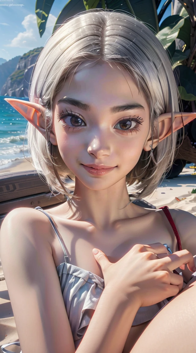 sylphiette, sylphiette, ahoge, elf, huge breast,forehead, pointy ears, (red eyes:1.5), short eyebrows, short hair, white hair, (flat chest:1.2),
BREAK bikini,
BREAK looking at viewer,
BREAK outdoors, beach,
BREAK (masterpiece:1.2), best quality, high resolution, unity 8k wallpaper, (illustration:0.8), (beautiful detailed eyes:1.6), extremely detailed face, perfect lighting, extremely detailed CG, (perfect hands, perfect anatomy),