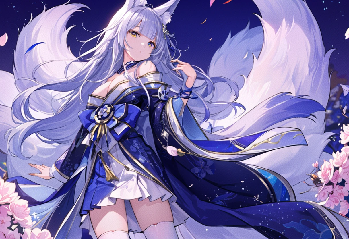 score_9,score_8_up,score_7_up,source_アニメ,cowboy shot,Idealized Forms,Natural Light,details background,blurry background,extremely detailed,1girl, shinano(azurlane),slver hair,long hair,blunt bangs,hair ornament,fox ears,animal ears,animal ear fluff,blue eyes,yellow eyes,cleavage,huge breasts, fox tail,fox girl,multiple tails,kimono,japanese clothes,off shoulder,sidelocks,bare shoulders,blue kimono,collarbone,Fur trim,short kimono,offshoulder,wide sleeves,blue skirt, ((look back)),((Look in the direction of the day after tomorrow)),official art,wall paper