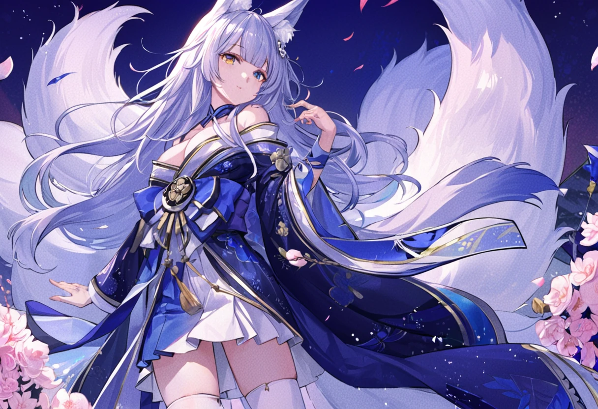 score_9,score_8_up,score_7_up,source_アニメ,cowboy shot,Idealized Forms,Natural Light,details background,blurry background,extremely detailed,1girl, shinano(azurlane),slver hair,long hair,blunt bangs,hair ornament,fox ears,animal ears,animal ear fluff,blue eyes,yellow eyes,cleavage,huge breasts, fox tail,fox girl,multiple tails,kimono,japanese clothes,off shoulder,sidelocks,bare shoulders,blue kimono,collarbone,Fur trim,short kimono,offshoulder,wide sleeves,blue skirt, ((look back)),((Look in the direction of the day after tomorrow)),official art,wall paper