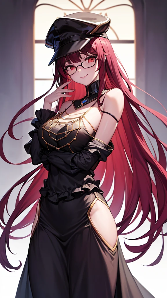 (Masterpiece), (best quality), 20 year old girl, long red hair, red eyes, solid round eyes, smile softly, shadow, 8K, Awesome details, precise, best quality, UHD, textured skin, Black glasses, (Black evening dress, sexy sleeveless, open shoulder dress, bare neck dress), (สวม Black Midnight Commander Of The Silver Cross Hat มีเครื่องหมายไม้กางเขนที่หมวก), Wristband, Open the bottom, black cloak