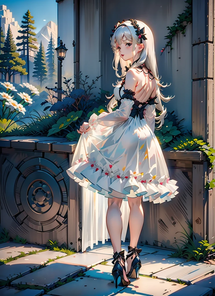 (Extremely delicate and beautiful:1.5),A Russian girl in her early 20s with ash grey hair, standing on your feet, solo, full body，Sweet face，Light smile，By bangs, Gemstone eyes, Contre-Jour，Long curly hair, Black-gothic-lolita dress, Keep one's mouth shut, seen from the side, lanterns, light particules, longer sleeves, looking at viewert，pink bows, The background is filled with seven color lays, The face is dense((must)), Masterpiece