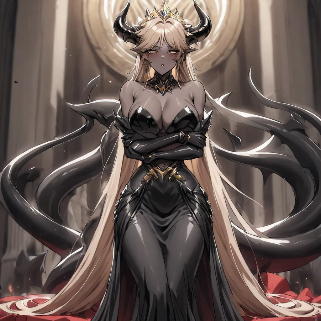 ((Highest quality)), ((masterpiece)), (detailed), （Perfect Face）、The woman is a jet-black female demon with magnificent demon horns and a jet-black tail, her skin is the same black as the Demon King, she is wearing a provocative and luxurious jet-black dress of the Demon Queen, her name is Princess Leona, and she has medium-long light brown hair.、The woman is embracing her husband, the powerful Demon King.、A strong demon king man embraces a woman in front of a gorgeous demon altar.