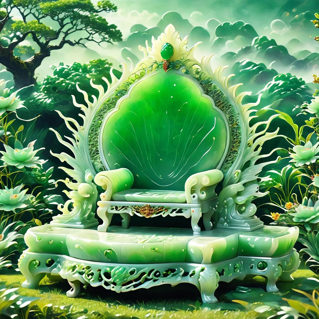 best quality, very good, 16K, ridiculous, Very detailed, gorgeous((( Throne 1.3)))，Made of translucent jadeite, Background grassland（（A masterpiece full of fantasy elements）））， （（best quality））， （（Intricate details））（8K）