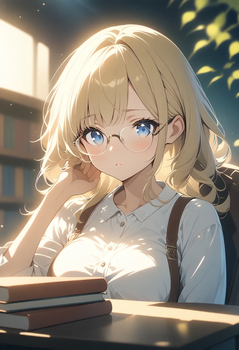 alone, One girl, masterpiece, Highest quality, Very detailed, Cinema Lighting, Exquisite detail, High resolution, Official Art, Beautifully detailed face and eyes, High resolutionのイラスト, 8K, Dark intense shadows, Exposure, [Blonde/Brown Hair], Single Blade, blue eyes, Glasses, Conceit, Sitting in a chair, Upper Body, Large Breasts, White shirt, Yellow suspenders, Book_stack, library, ((vine)), Rose, Looking at the audience