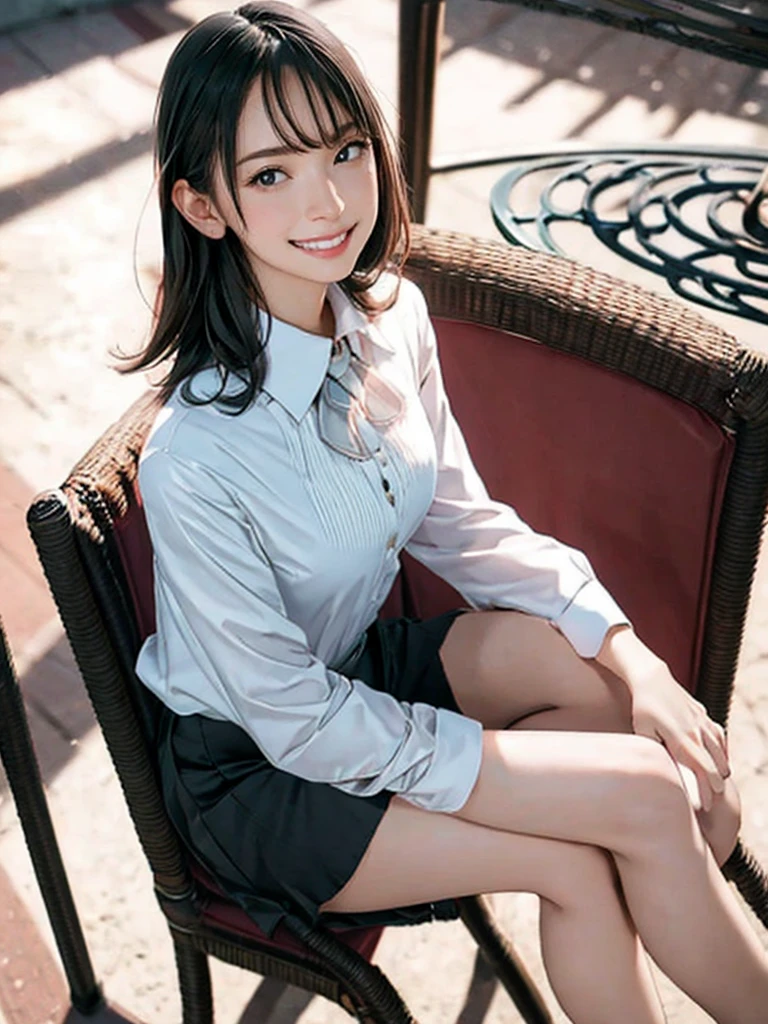 raw photo, 1girl, cute face, beautiful face, medium breast, collared blouse, White blouse, light smile, detailed skin, simple background, Above the knee, sit on a chair, photorealistic, masterpiece, best quality, anatomically correct