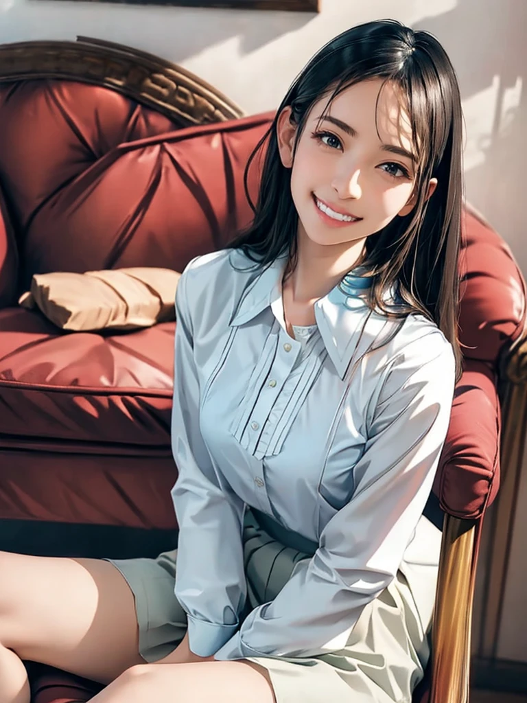 raw photo, 1girl, cute face, beautiful face, medium breast, collared blouse, White blouse, light smile, detailed skin, simple background, Above the knee, sit on a chair, photorealistic, masterpiece, best quality, anatomically correct