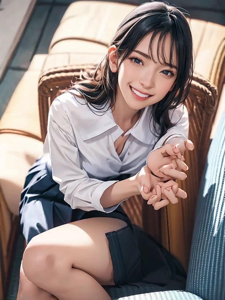 raw photo, 1girl, cute face, beautiful face, medium breast, collared blouse, White blouse, light smile, detailed skin, simple background, Above the knee, sit on a chair, photorealistic, masterpiece, best quality, anatomically correct