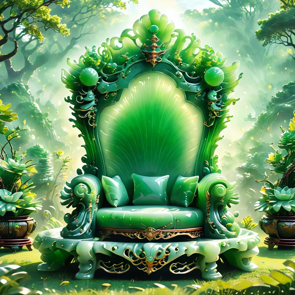 best quality, very good, 16K, ridiculous, Very detailed, gorgeous((( Throne 1.3)))，Made of translucent jadeite, Background grassland（（A masterpiece full of fantasy elements）））， （（best quality））， （（Intricate details））（8K）