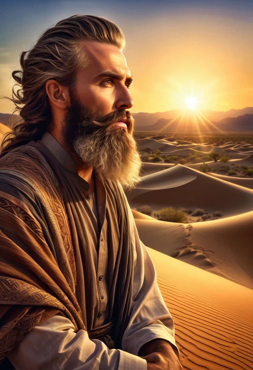 high resolution, Imagination, (realistic), bearded prophet in the desert, composition, sunset, (hdr:1.5), Intricate details,