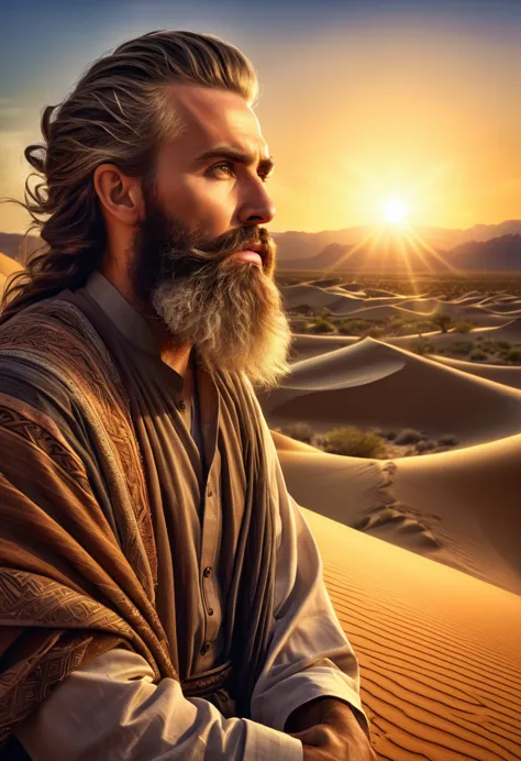 high resolution, imagination, (realistic), bearded prophet in the desert, composition, sunset, (hdr:1.5), intricate details,