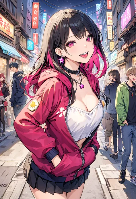 (masterpiece:1.2)、Highest quality、PIXIV、Rebellious girl、One girl、Open your mouth、鋭いteeth、teeth、Long Hair、Street background、gem、b...