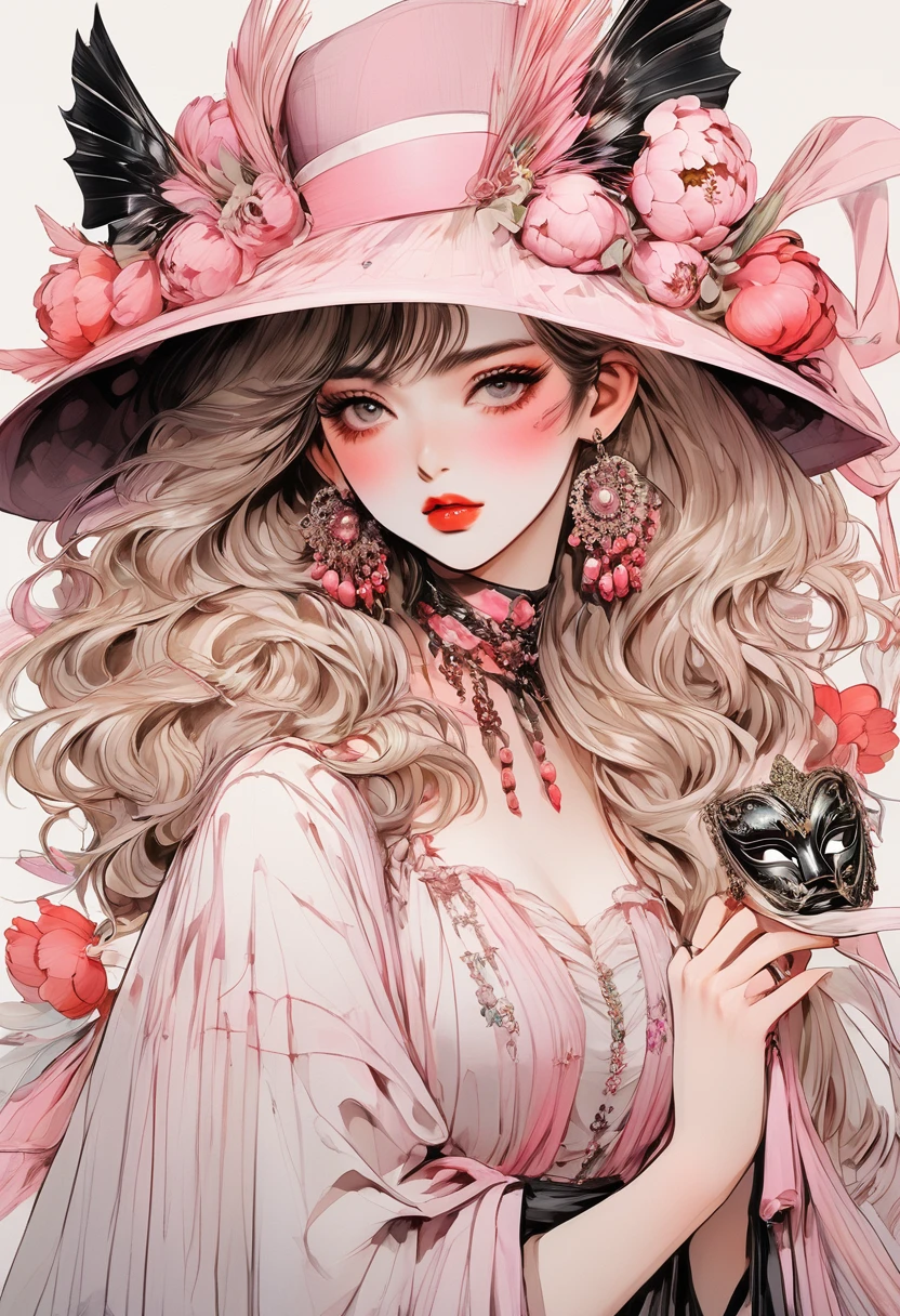 (Highest quality:0.8), (Highest quality:0.8), Perfect illustration,Beautiful woman portrait、One girl, bangs, Black nails, Blonde, Mouth closed, clavicle, ear Earrings, Earrings, Fashion G, hair ornaments, Food, Foodie, Jacket, jewelry, looking at iniewer, Medium Hair, Manicure, necklace, Earrings, short hair, Peony stalk, sleeines past wrists, 一人in, Both sides up, Upper Body, in, Pop Background、Droopy eyes、Celebrity Hat、ぱっつんbangs、summer、Pink gradient background、Earrings、Masquerade Mask、Masquerade Mask、Party Masks、Eye Mask、Mask