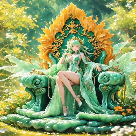 best quality, very good, 16K, ridiculous, Very detailed, gorgeous((( Throne 1.3)))，Made of translucent jadeite, Background grass...